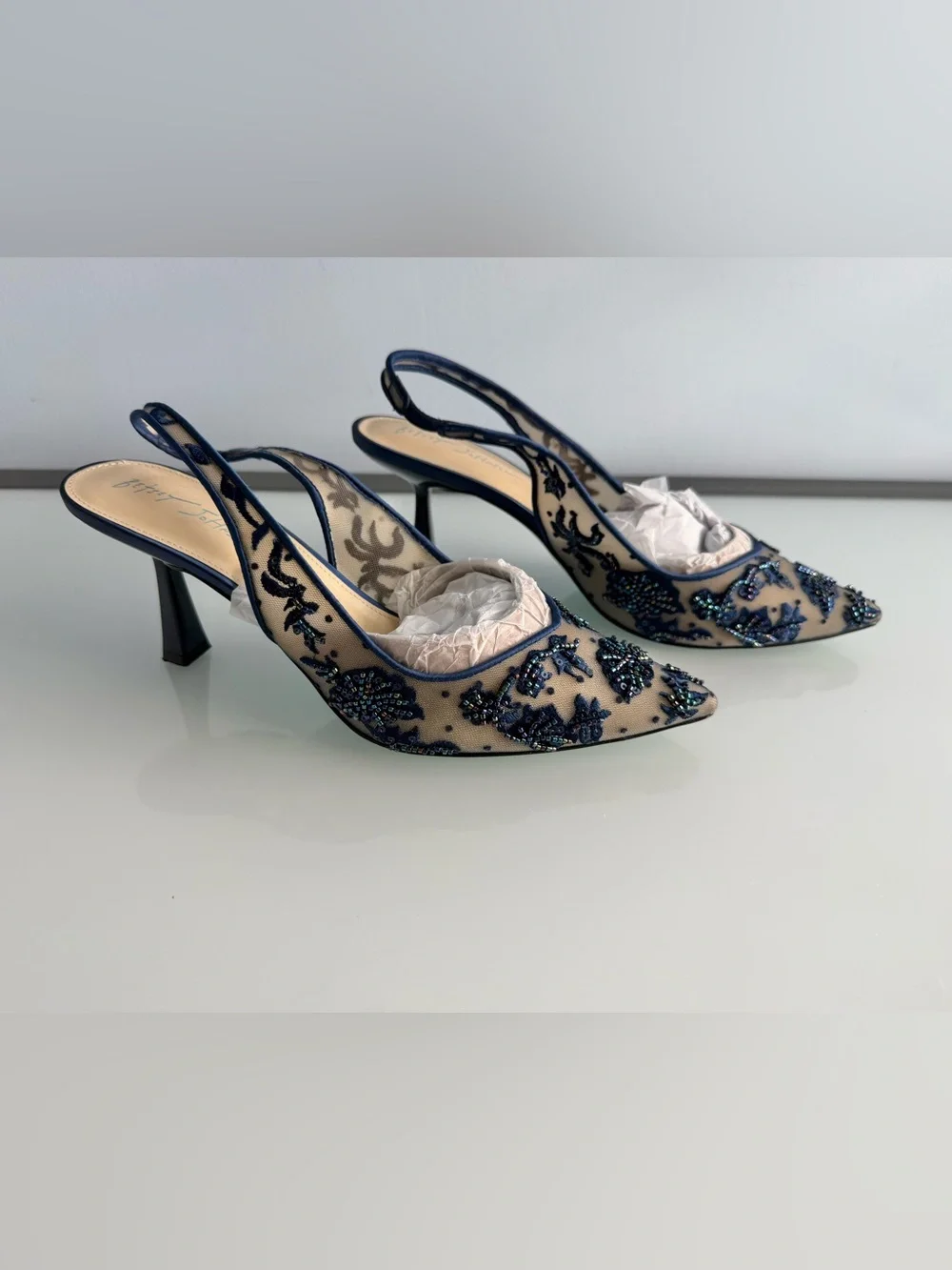 Betsey Johnson Women's Navy Nikki Embroidered Slingback Evening Pumps Size 10